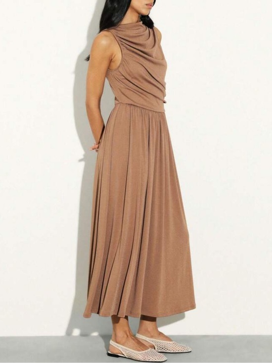 Dresses & Skirts - Sleeveless Draped Brown Maxi Dress